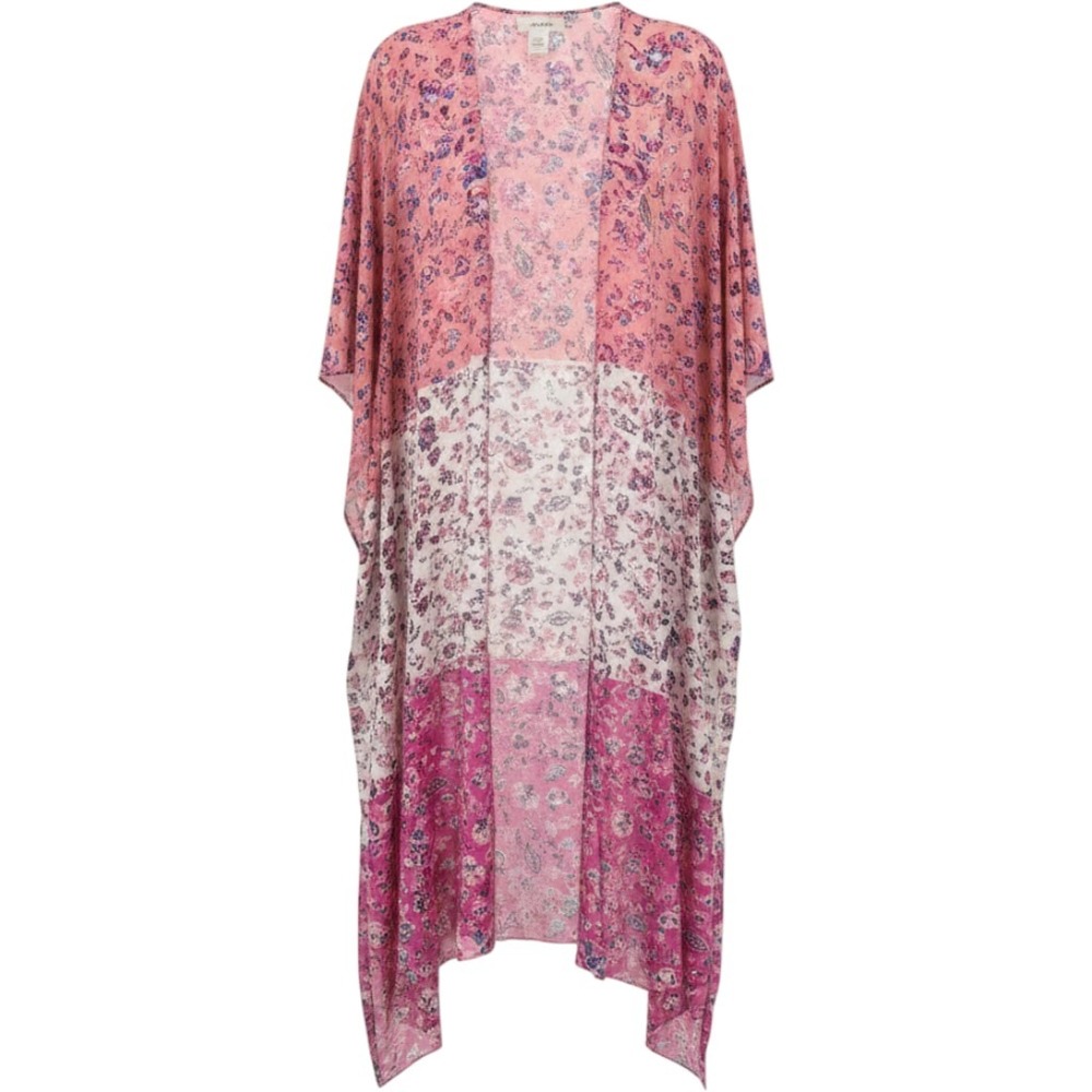 Eyeshadow Rayon Kimono Swim Cover Women 1X Pink Coral Floral Colorblock Boho EUC